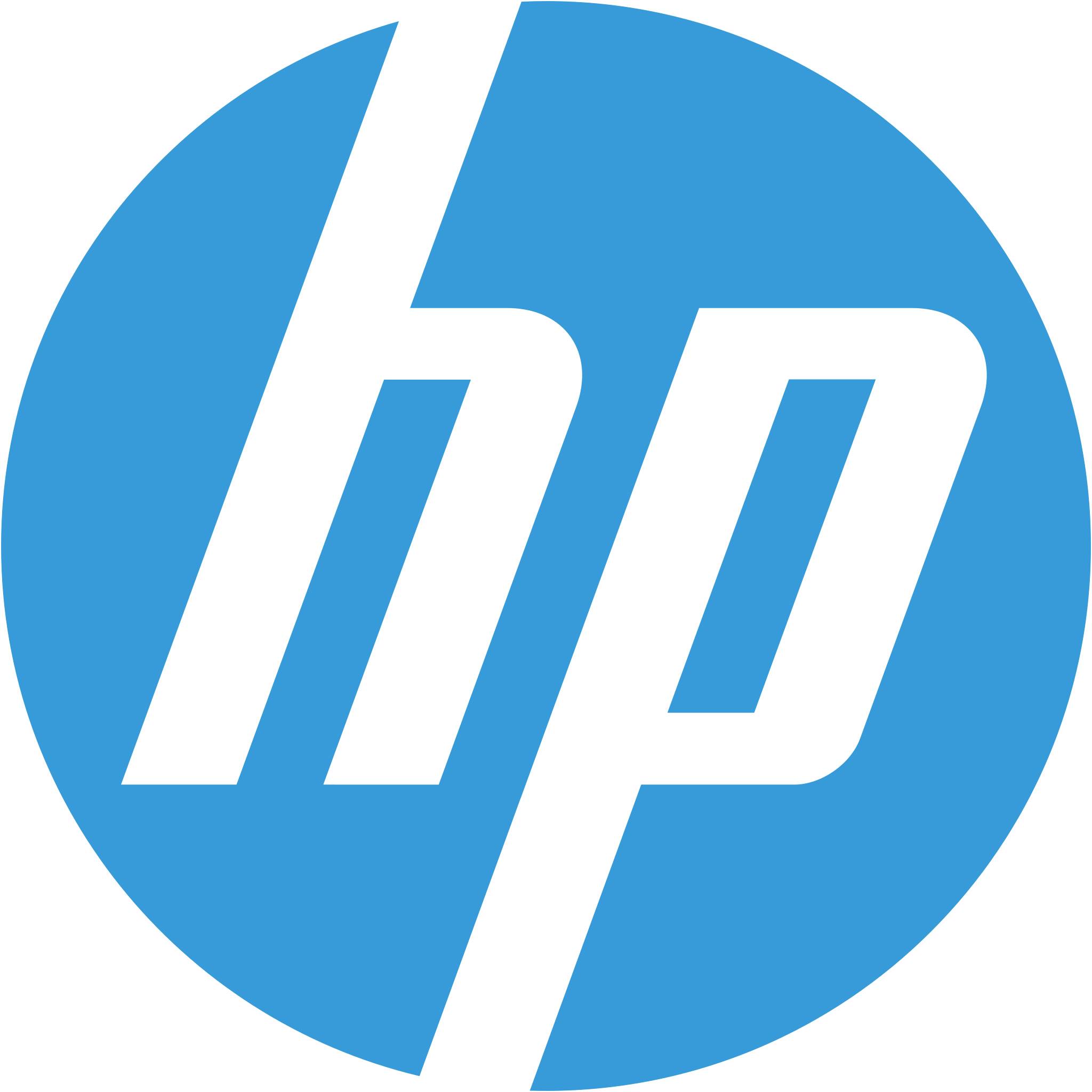 HP-logo: witte kleine letters op een blauwe cirkel.