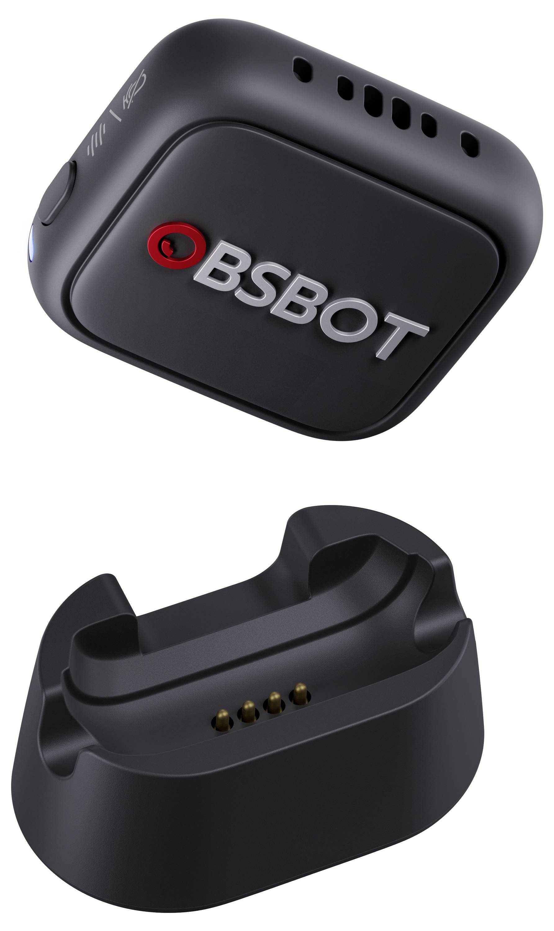 Draadloos BSBOT-apparaat hierboven weergegeven boven het oplaaddock, met contactpinnen voor het opladen.