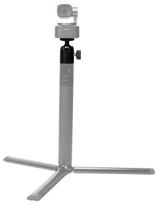 Een kleine actioncamera gemonteerd op een grijze draagbare statief selfie stick met drie uitklapbare poten, weergegeven rechtopstaand op een witte achtergrond.