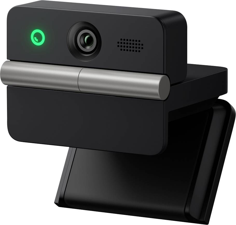 Zwarte webcam met groen statuslampje, centraal objectief, microfoonrooster en uitklapbare clipbevestiging op een witte achtergrond.