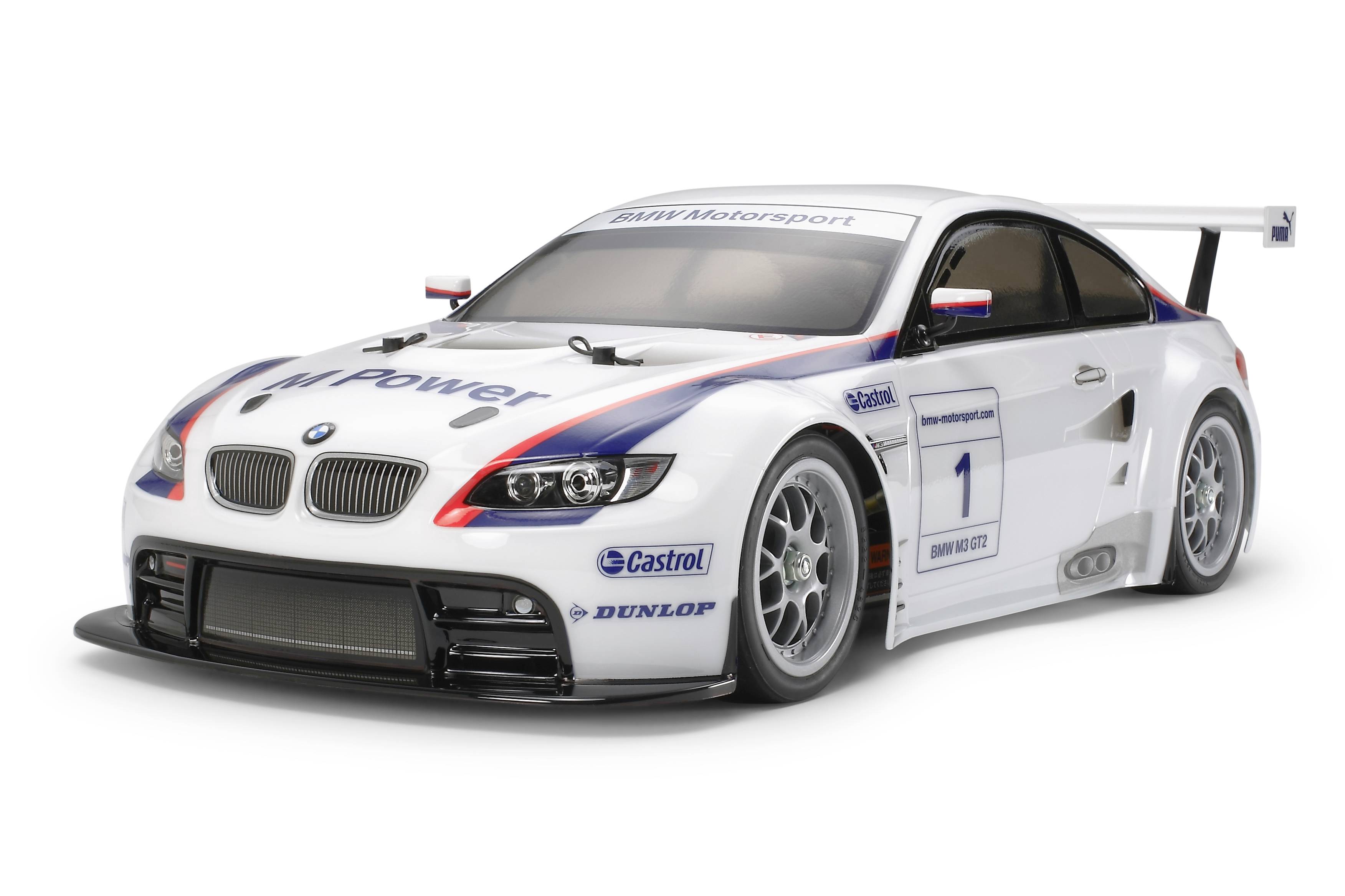 Witte BMW racewagen met 'BMW Motorsport' en 'M-Power' branding, nummer 1 op de deur, weergegeven op een eenvoudige achtergrond.