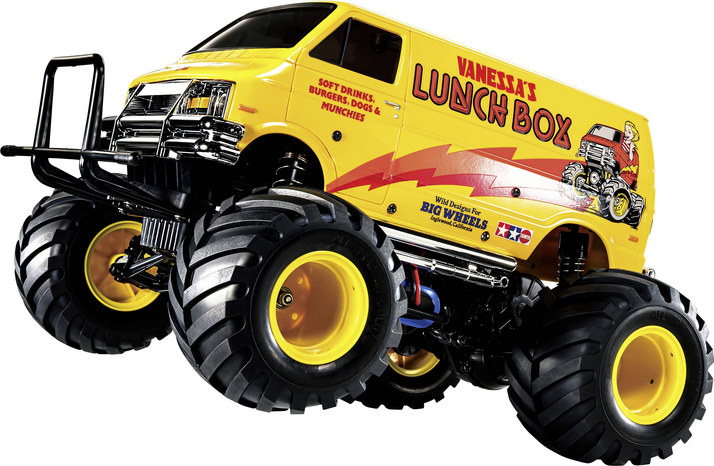 Geel monstertruck speelgoed met overmaats grote zwarte banden en 'VANESSA'S LUNCH BOX' afbeeldingen aan de zijkant, weergegeven op een witte achtergrond.