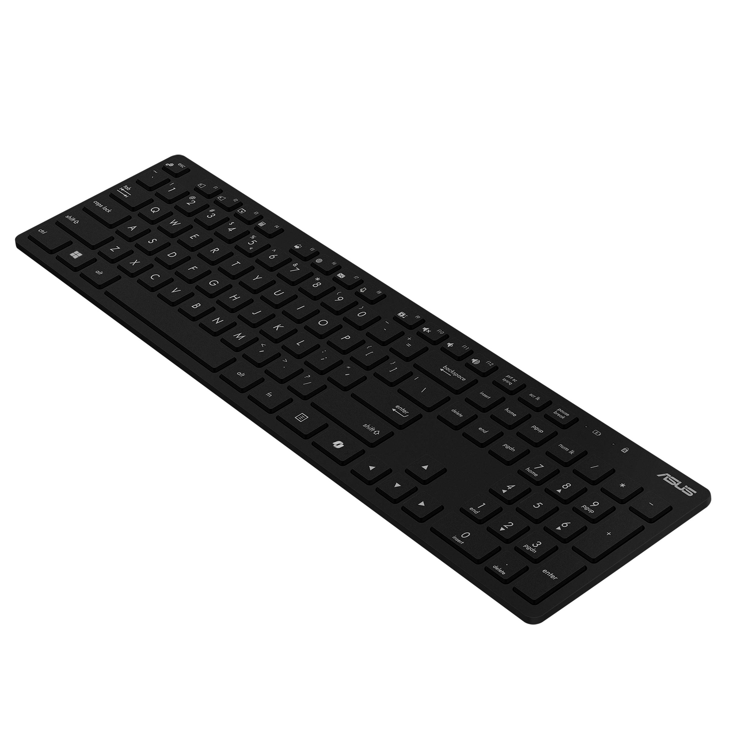 Zwart ASUS draadloos computertoetsenbord onder een hoek op een witte achtergrond weergegeven.