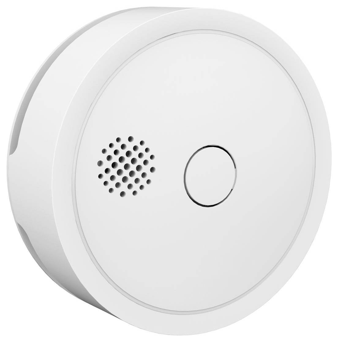 Ronde witte rookmelder met sprekeropeningen en een centrale testknop.