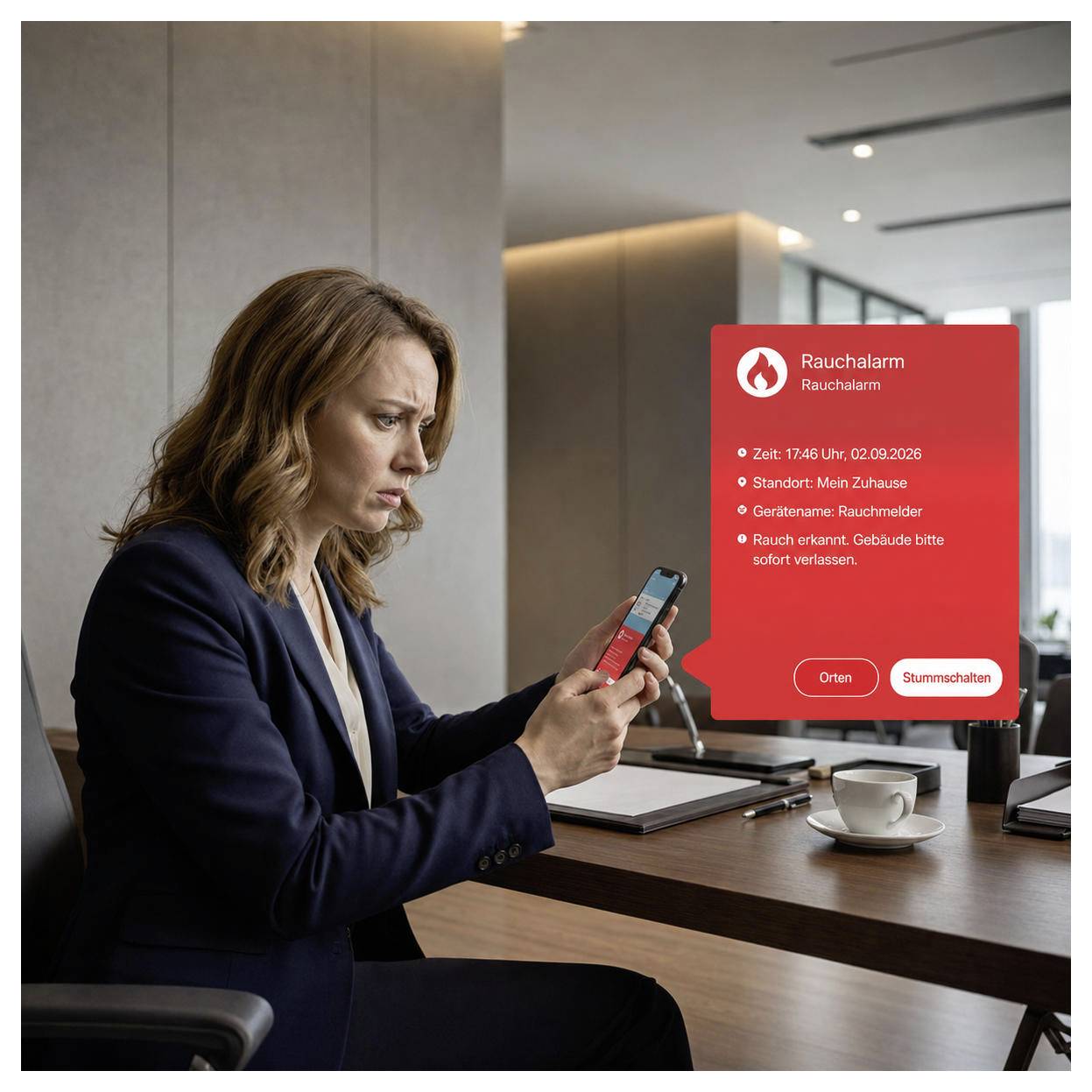 Vrouw controleert telefoon naast een bureau terwijl een rood rookmelderalarm-overlay zegt 'Rauchalarm' en 'Rauch erkannt. Gebäude bitte sofort verlassen.'
