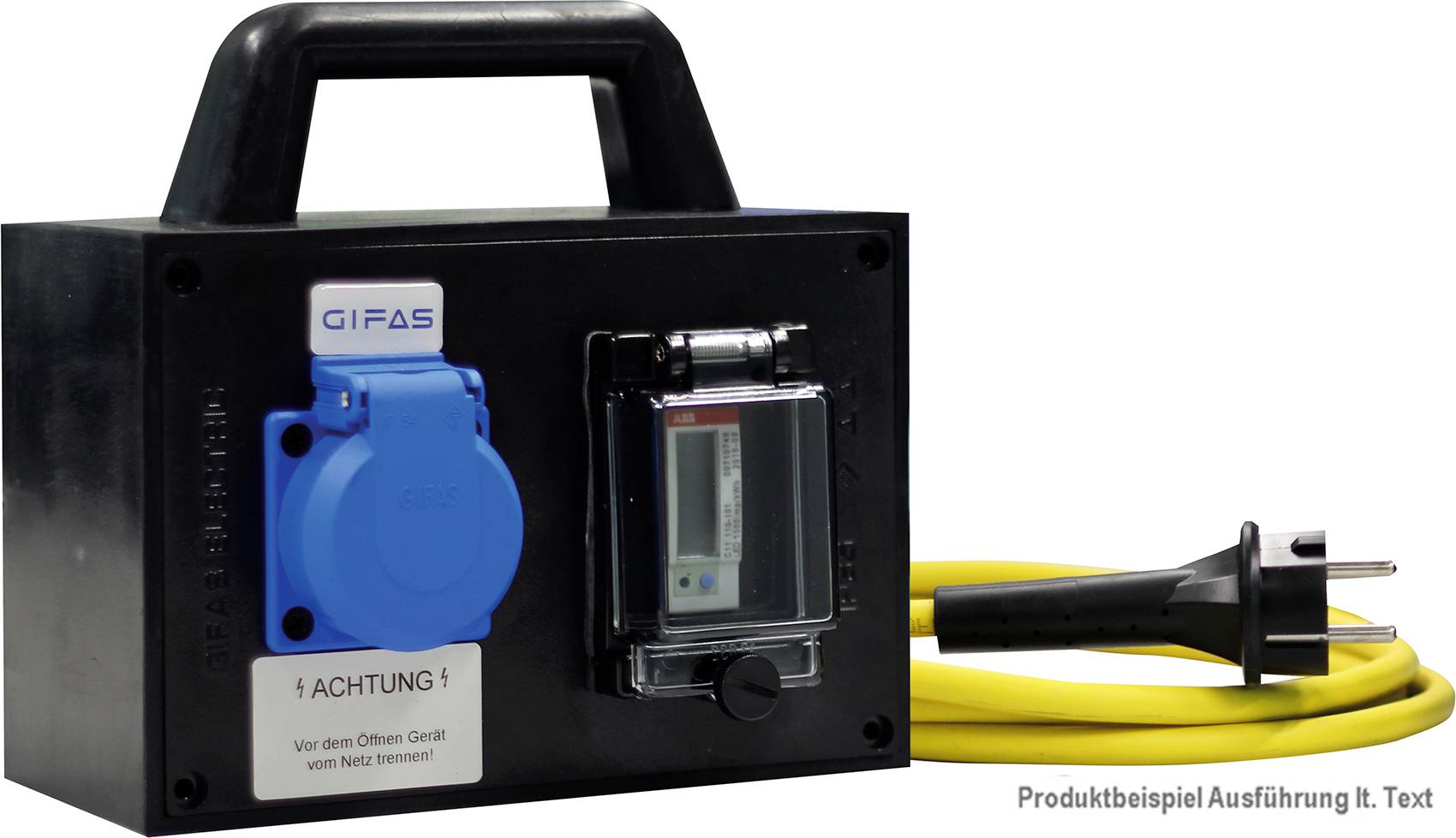 Draagbare zwarte elektrische controlebus met handvat, blauwe stromaansluiting, doorzichtig schakelhoes en bijgevoegde gele kabel met stekker; gelabeld als een productvoorbeeld.