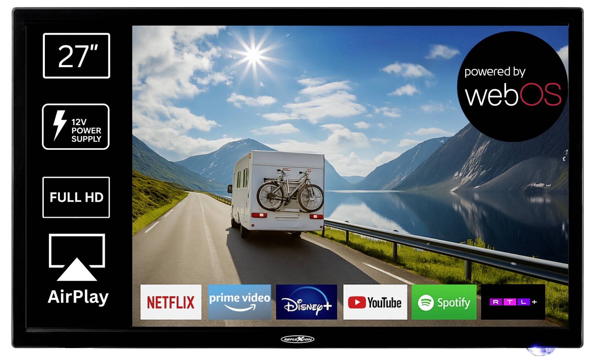 Promotioneel tv-beeldscherm met landschapsafbeelding van een weg, 27 inch Full HD, 12V voeding, AirPlay en app-logo's inclusief Netflix, Prime Video, Disney+, YouTube en Spotify.