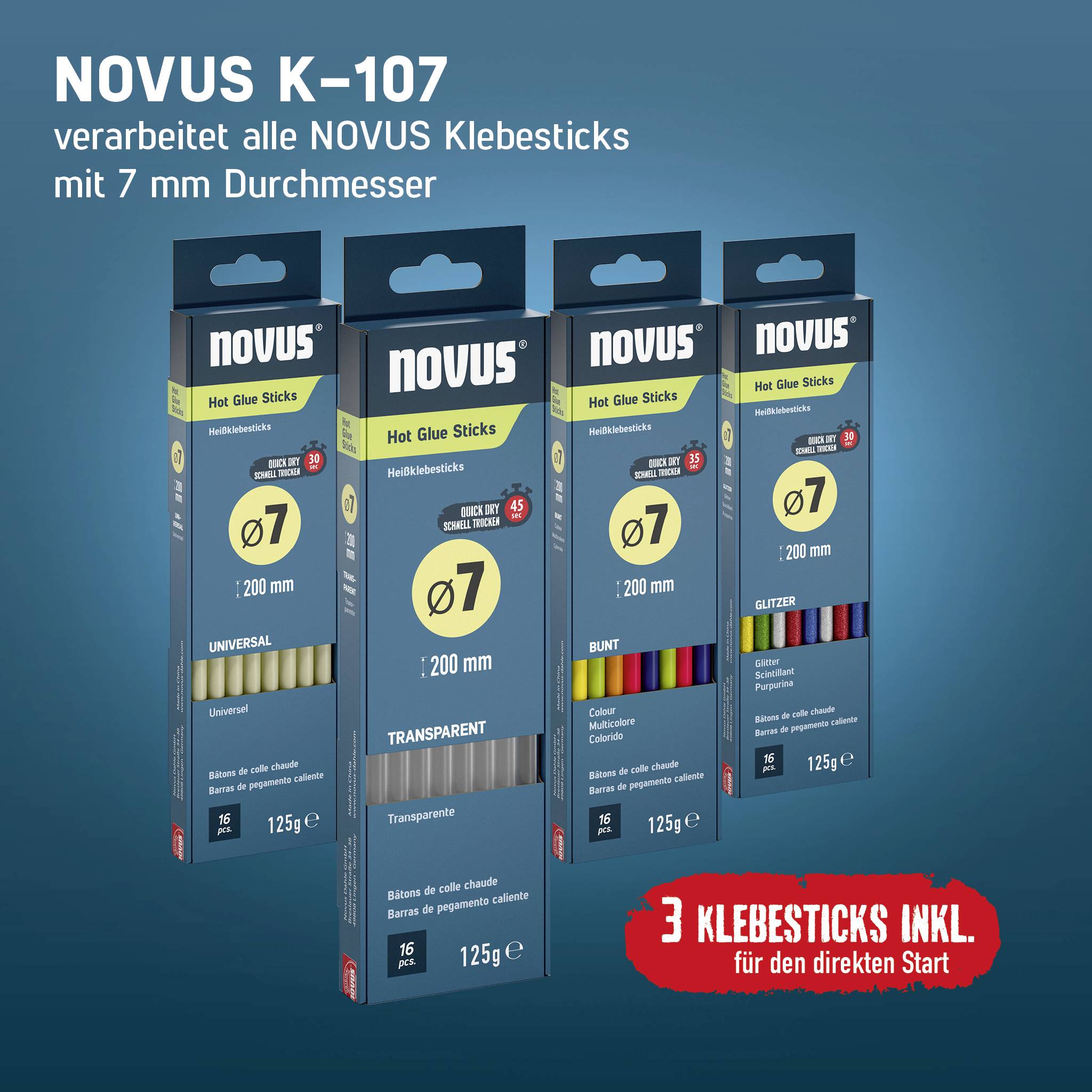 Advertentie voor NOVUS K-107 warmlijmstiften met 7 mm diameter en 200 mm lengte, met vier verpakkingen: universeel, transparant, kleurenmix en glitter; inclusief 3 lijmstiften gratis voor een directe start.