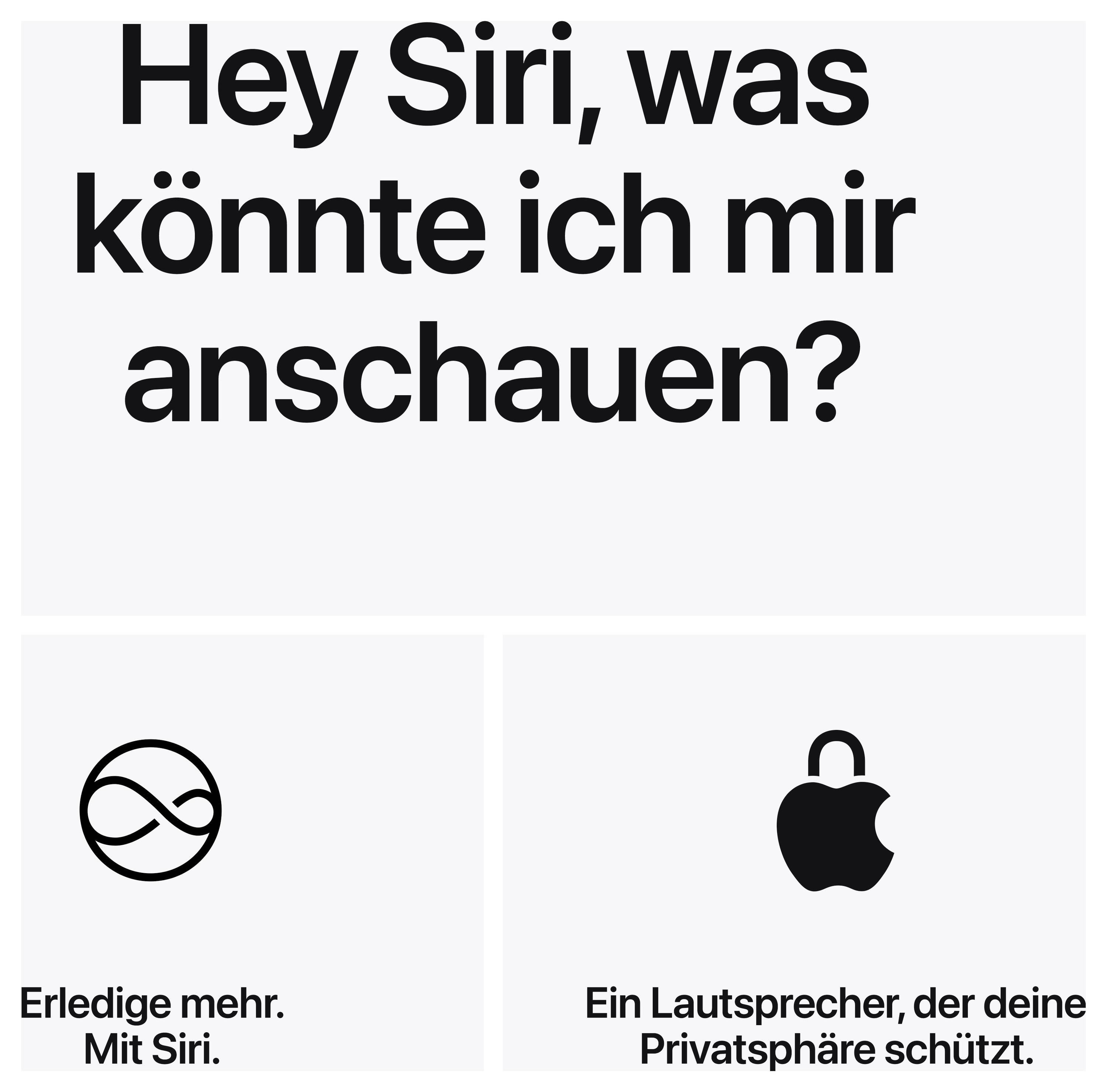 Advertentie met de vraag 'Hey Siri, wat zou ik kunnen bekijken?' en twee productkaarten: links Siri, rechts een Apple-spreker met verwijzingen naar privacy.