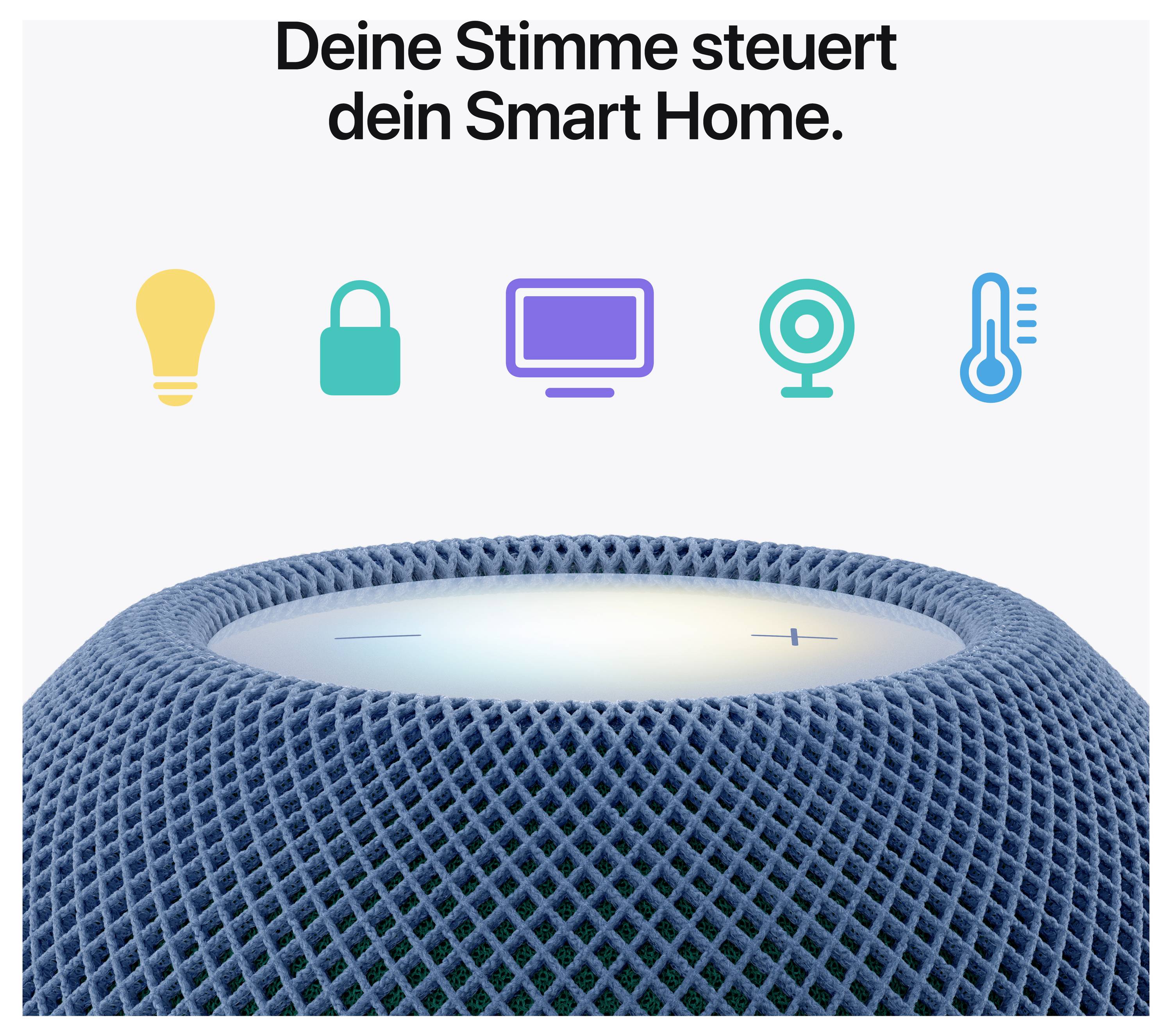 Reclame voor een Smart Speaker: 'Jouw stem stuurt jouw Smart Home.' met symbolen voor licht, slot, tv, camera en temperatuurregeling.