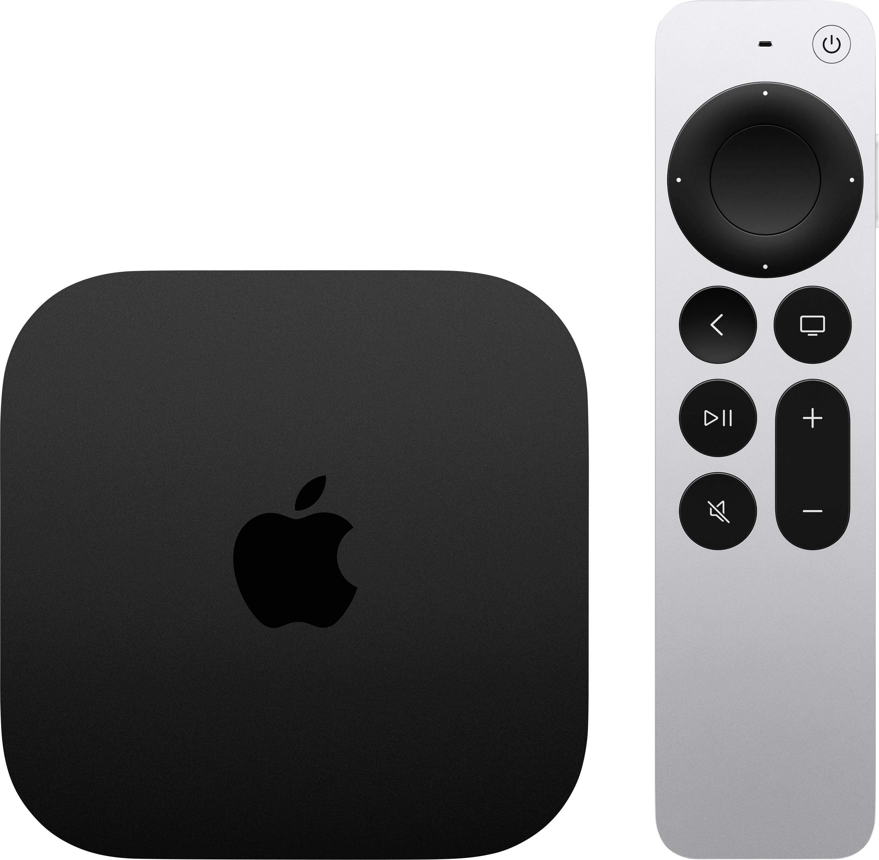 Apple TV-box met Siri Remote ernaast op een witte achtergrond.