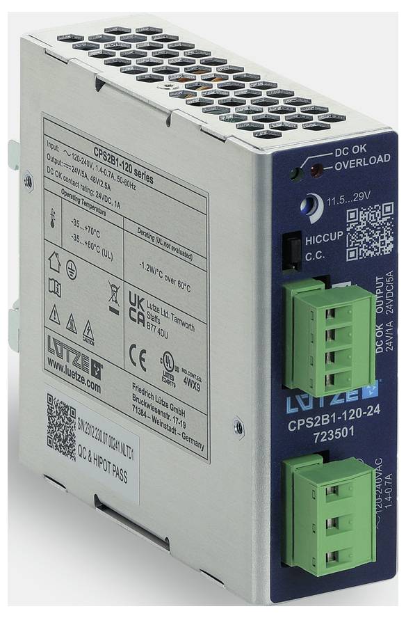 Industriële LYTEK CPSB1-120-24 voeding met randschroefblokken en labels, met DC OK en overbelastingsindicatoren.