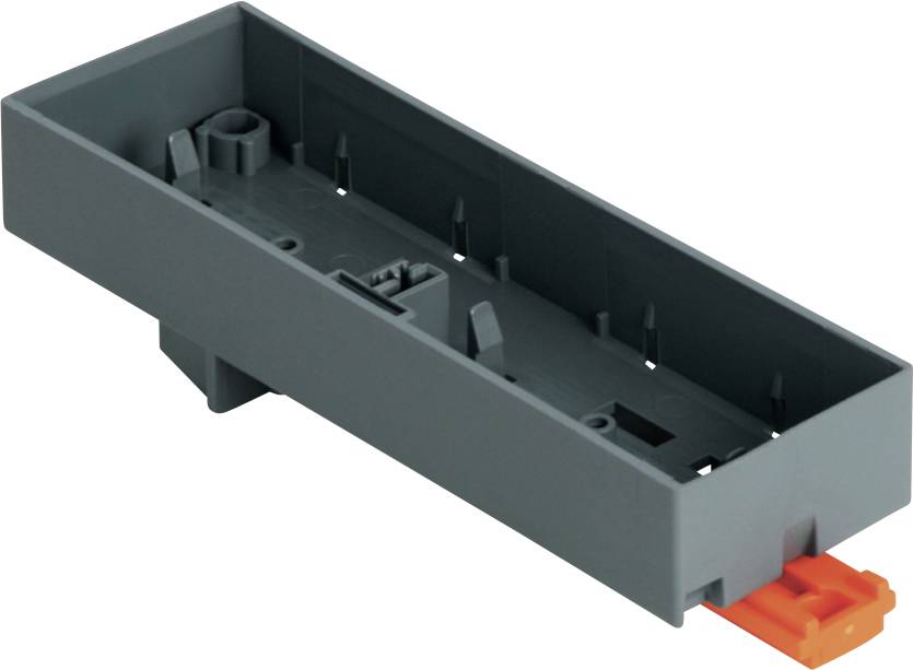 Grijs plastic rechthoekig behuizing of lade met een oranje connectortab die aan één uiteinde uitsteekt, weergegeven op een witte achtergrond.
