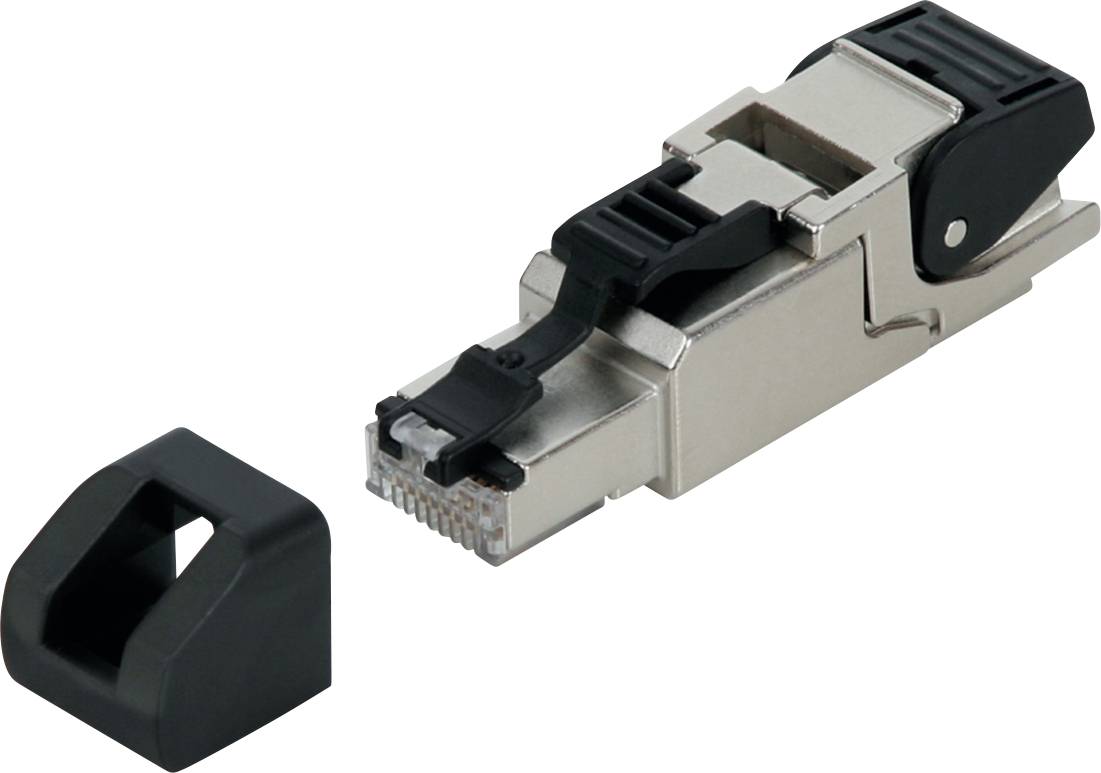 Een Ethernet-kabelstekker met een zwarte beschermkap ernaast getoond op een witte achtergrond.