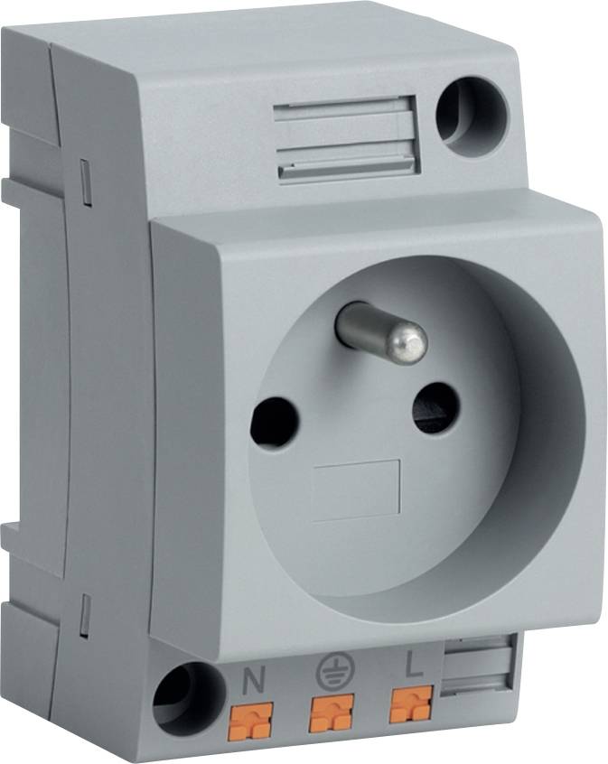 Grijze DIN-rail elektrische stopcontactmodule met Europese-stijl rond stopcontact, met zichtbare N-, aarde- en L-aansluitingen aan de onderkant.