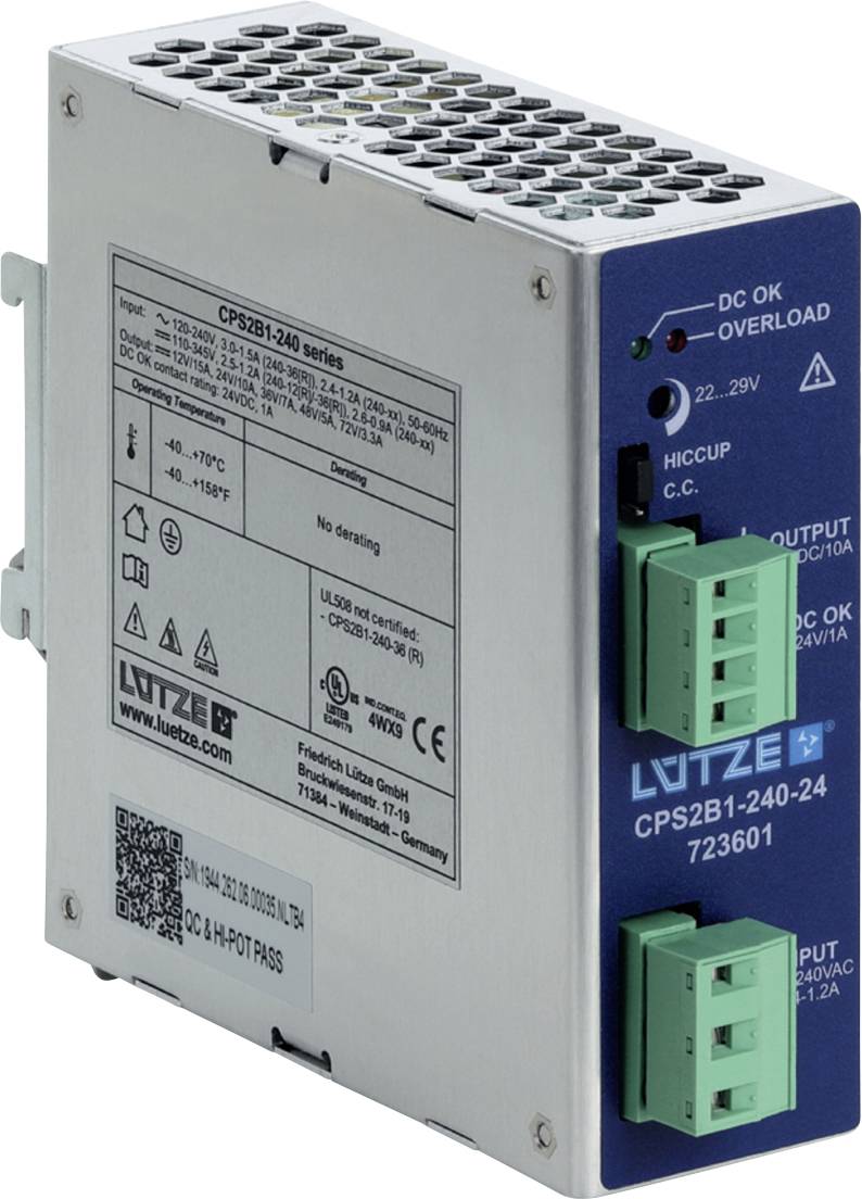 Industriële DIN-rail voedingseenheid met blauw frontpaneel, groene aansluitblokken, status-LED's en LÜTZE-branding.