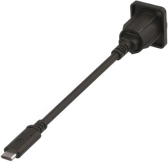 Zwarte USB-C-kabel met vierkante connector en USB-C-stekker op een witte achtergrond.