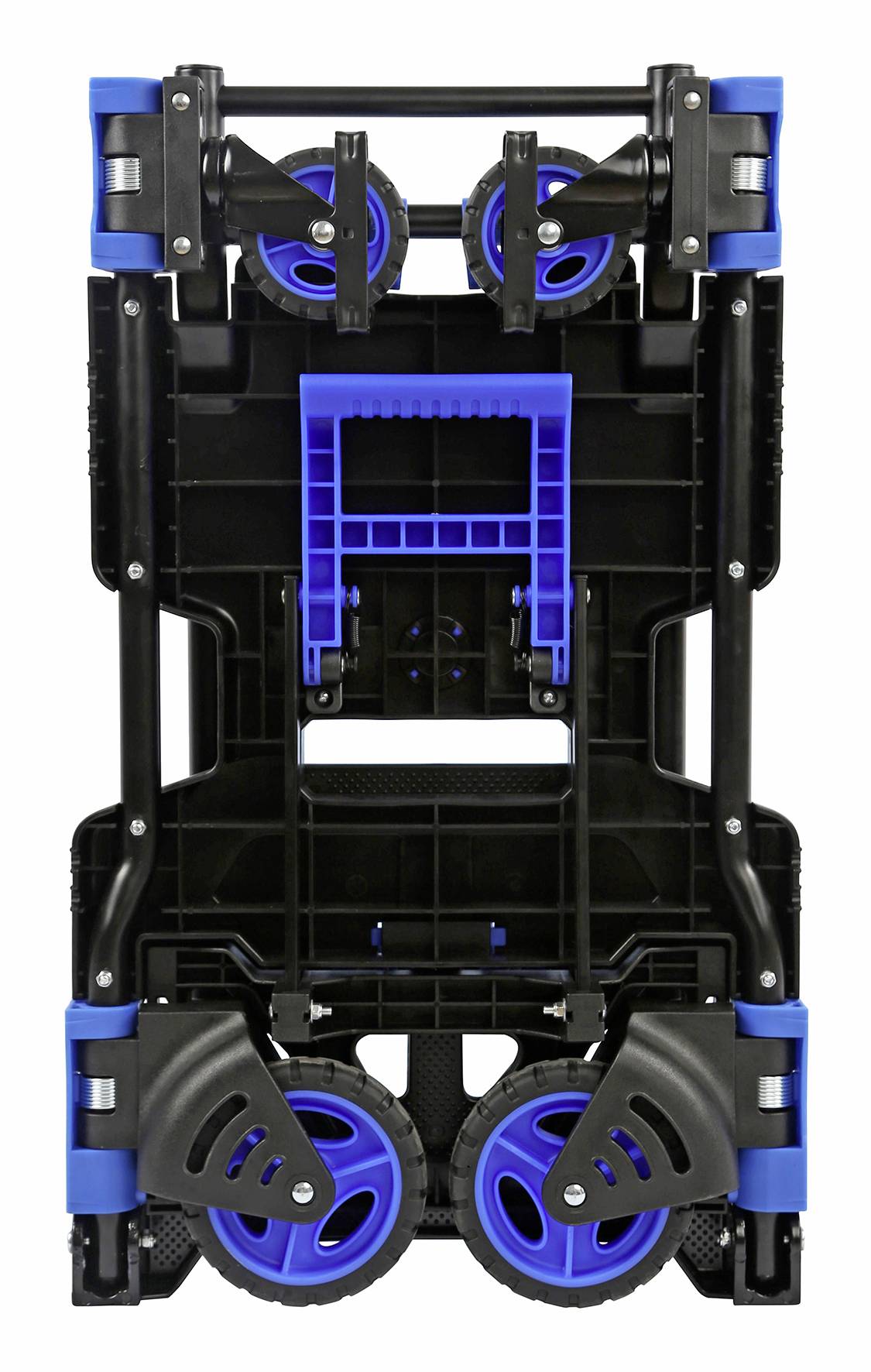 Achterkant van een zwart en blauw gevouwen rolwagen of trolleyframe met vier wielen en een centrale handvatopeninghing.