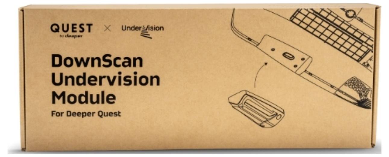 Verpakkingsdoos met het label 'DownScan Undervision Module' voor Deeper Quest, met Quest en UnderVision logo's en productlijnafbeeldingen aan de rechterkant.