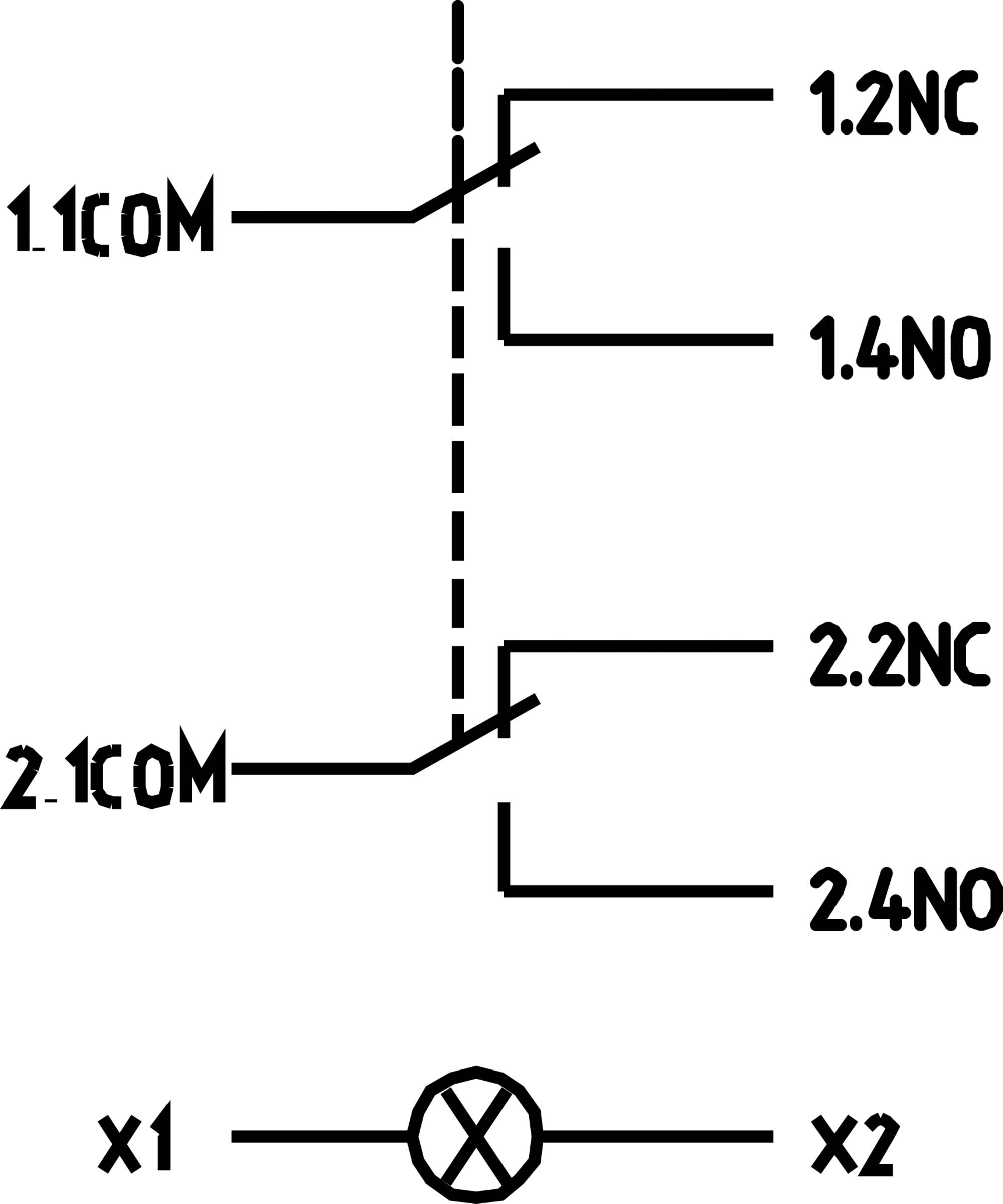 Bedradingsschema van een dubbelpolige schakelaar: aansluitpunten 1.1 COM en 2.1 COM verbinden met 1.2 NC, 1.4 NO, 2.2 NC, 2.4 NO, met lamp X1 naar X2 onderaan.