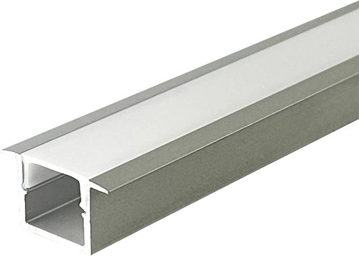 Lange zilveren aluminium kanaal of profielstang met een holle rechthoekige opening, getoond op een witte achtergrond.