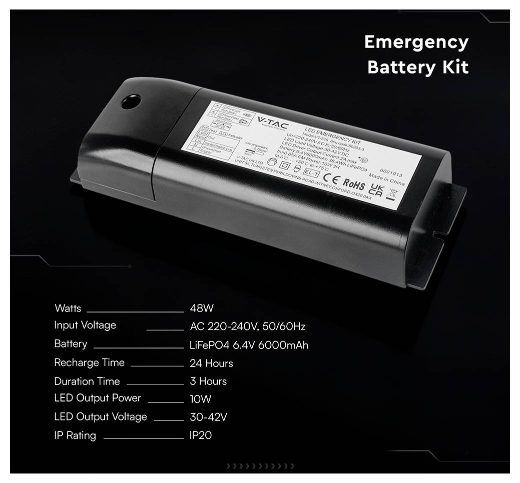 Productafbeelding van een zwarte 'Emergency Battery Kit' met V-TAC-label; specificaties weergegeven: 48W, AC 220-240V, LiFePO4 6.4V 6000mAh, 3 uur duur.