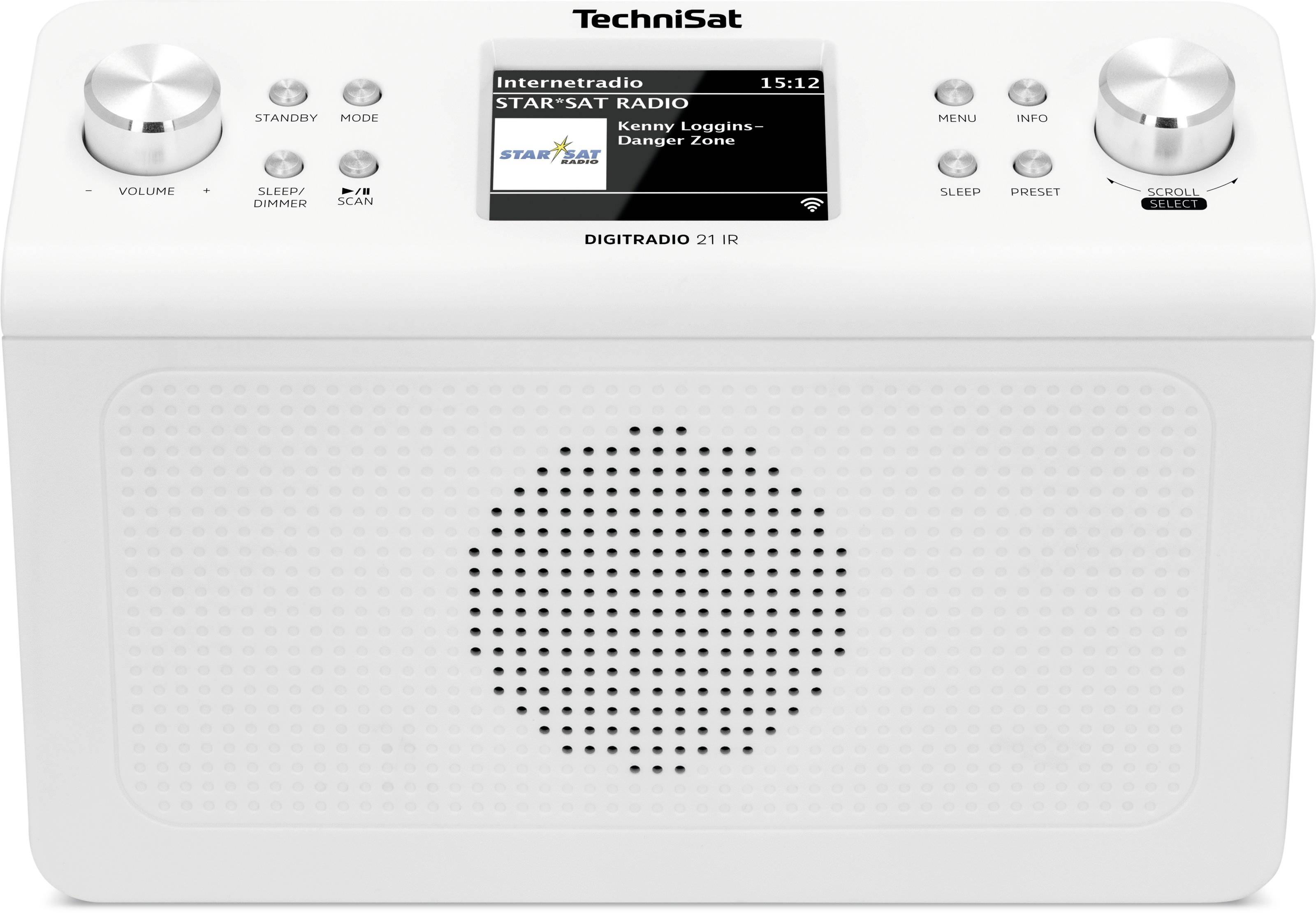 Witte Technisat DIGITRADIO 21 IR tafelradio met luidsprekergaas, display en twee bedieningsknopen.