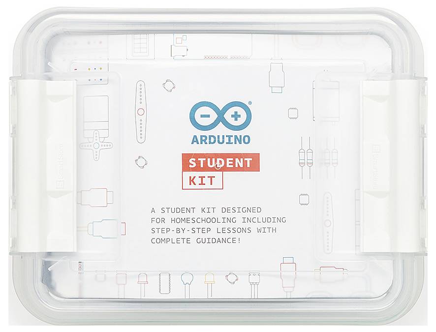 Arduino Student Kit-pakket weergegeven in een doorzichtige kunststof doos, gelabeld 'Een studentenpakket ontworpen voor thuis lessen met stap-voor-stap lessen met volledige begeleiding!'