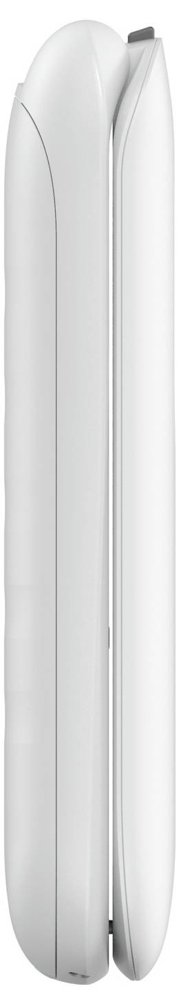 Zijkant van een slanke witte elektrische scheerapparaat of trimmer met twee gebogen koppen op een neutrale achtergrond.