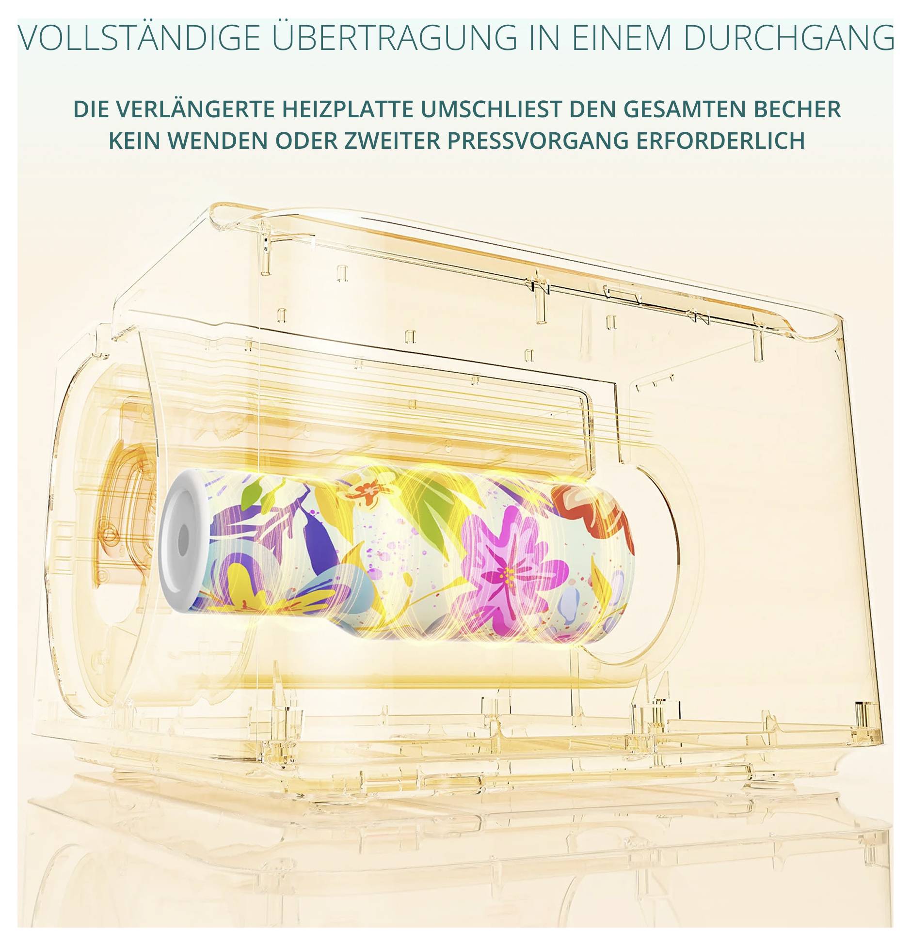 Reclameafbeelding van een dryer: Verlengde warmteplaat omsluit de beker voor volledige overdracht in één keer, zonder omdraaien of tweede persing.