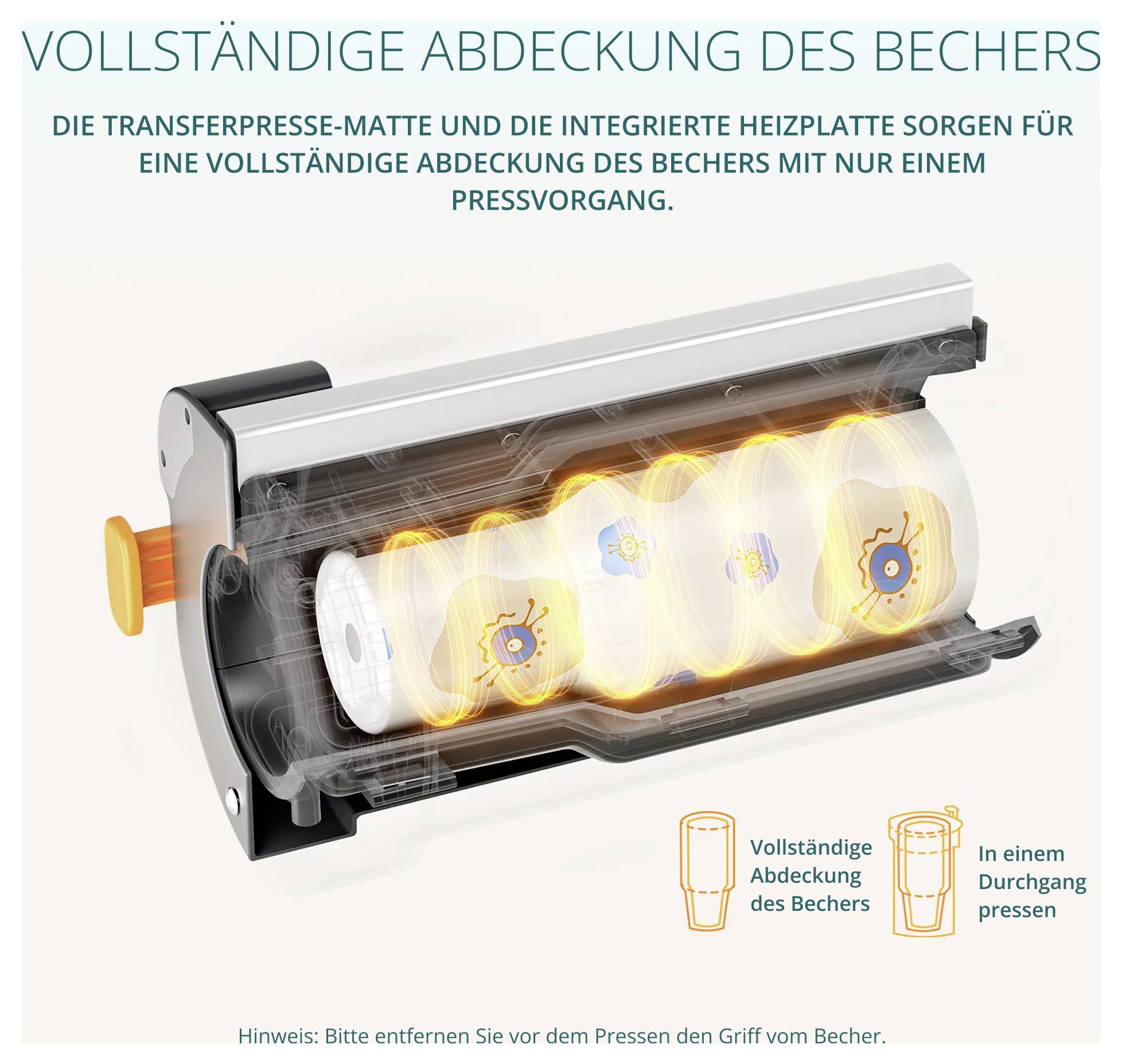 Infografiek van een koffiepers: 'Volledige bedekking van het kopje' door transferpers-mat en geïntegreerde verwarmingsplaat tijdens een persproces; Opmerking: Greep vóór het persen verwijderen.