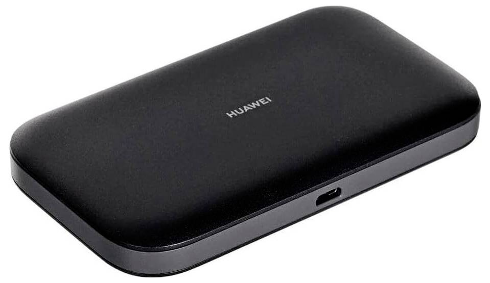 Zwart draagbaar Huawei-apparaat of powerbank getoond in een drie-kwart aanzicht met een USB-C-poort aan de zijkant.