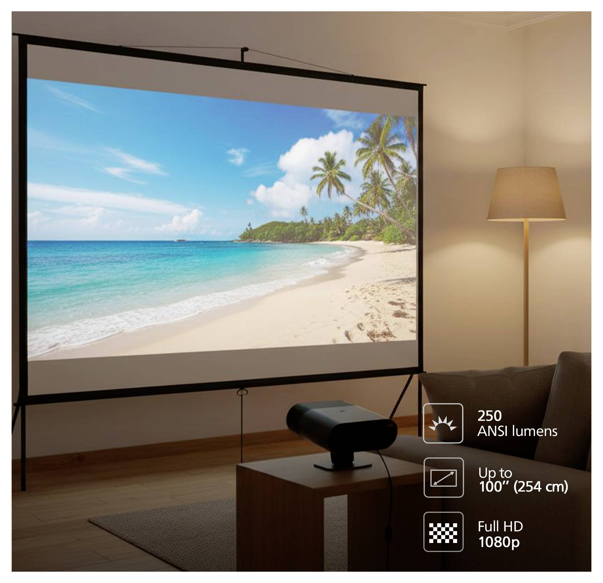 Thuisbeamer geeft een strandtafereel weer op een groot scherm in een woonkamer; tekst benadrukt 250 ANSI lumens, tot 100" en Full HD 1080p.