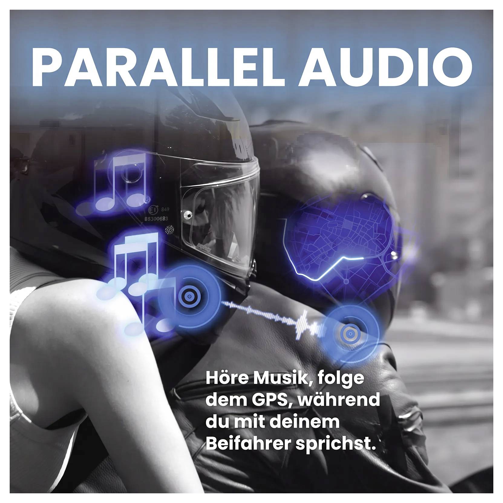 Reclame voor 'PARALLEL AUDIO': Twee motorrijders met helm, muziek- en navigatiesymbolen; tekst belooft muziek luisteren, GPS volgen en met de bijrijder spreken.