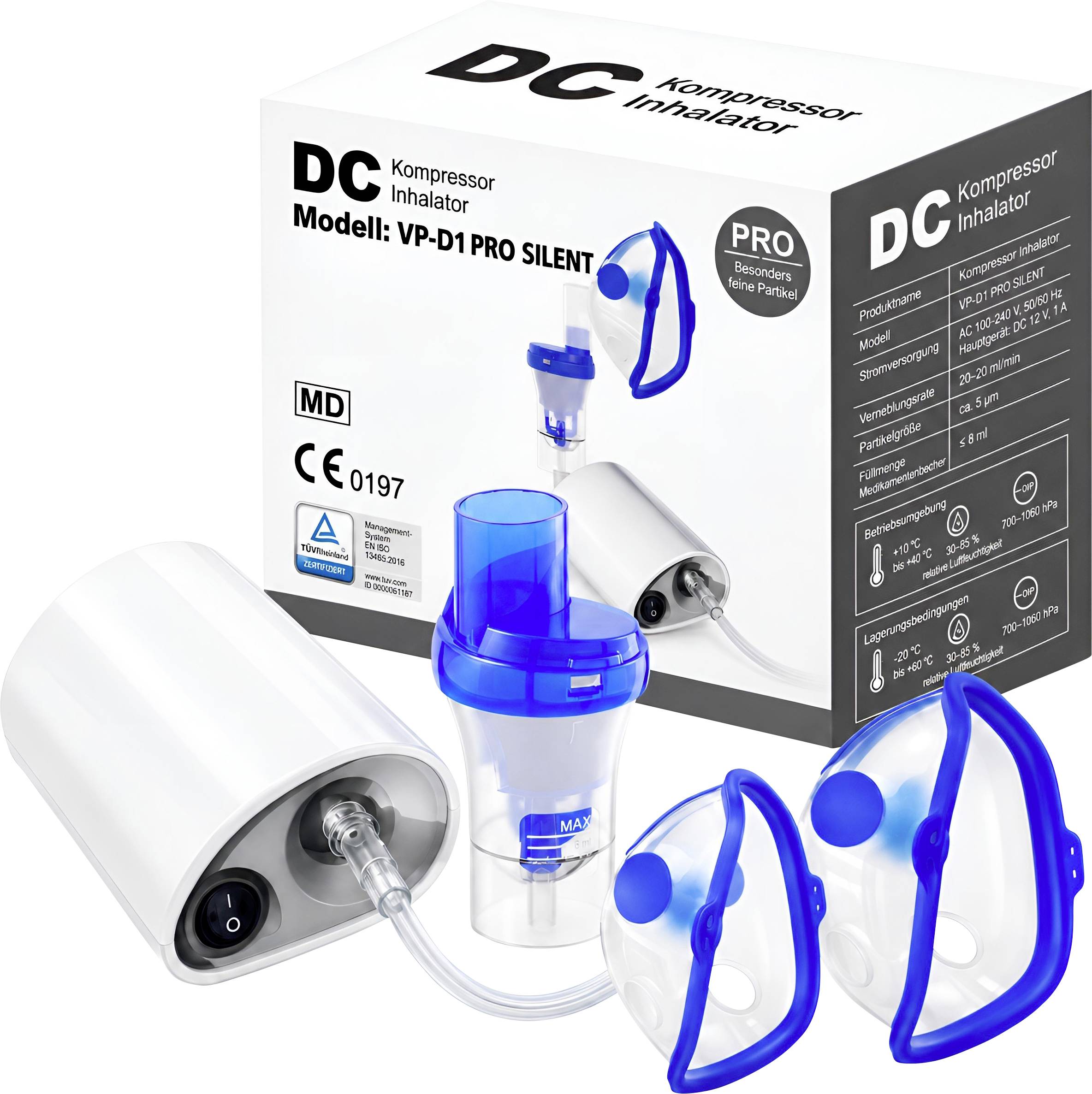DC-compressor inhalatorset met handheld verstuiver, slangetje, maskers en verpakking gelabeld 'VP-D1 PRO SILENT'.