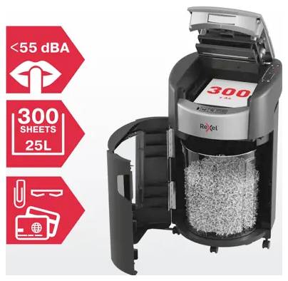 Papiervernietiger met kruissnede, open bakje en capaciteit van 300 vellen, 25L; zijkanten voorzien van pictogrammen die aangeven dat deze stil werkt, onder de 55 dBA.