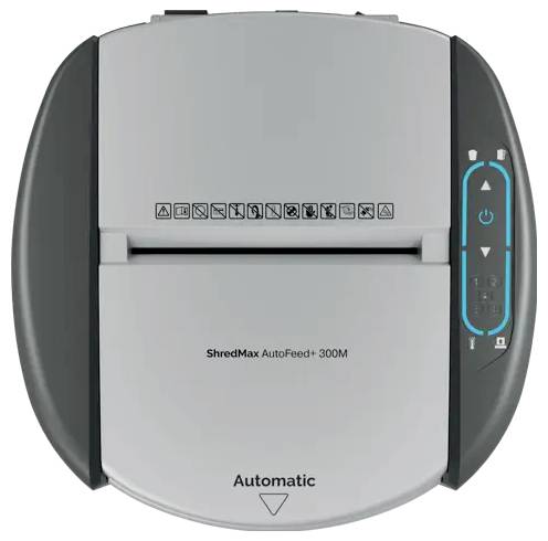 Bovenaanzicht van een grijze automatische papiervershredderaar met het label 'ShredMax AutoFeed+ 300M' met bedieningsknoppen aan de rechterkant.