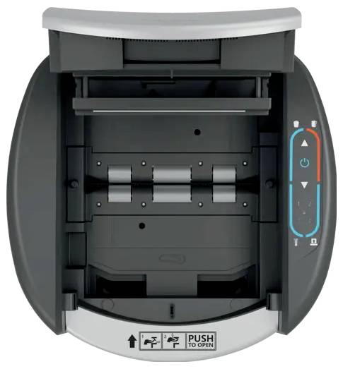 Open printer of scanner met papiervoedingruimte en bedieningspaneel aan de rechterkant, weergegeven in vooraanzicht.