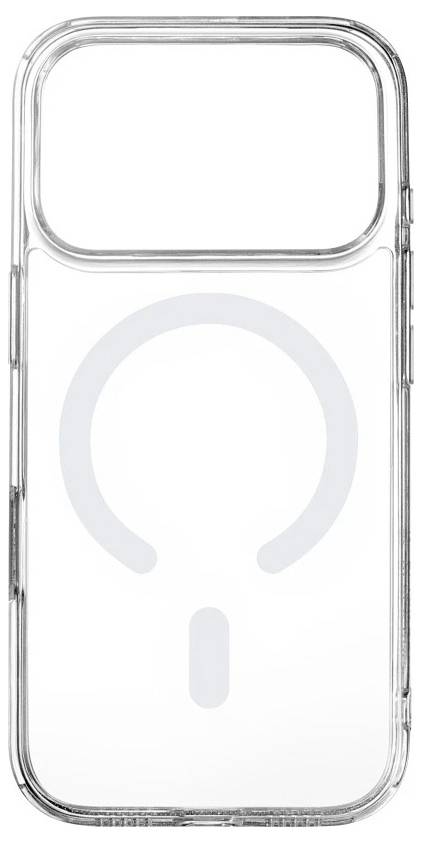 Transparant iPhone-hoesje met MagSafe-ring en uitlijningslabel aan de onderkant, weergegeven in vooraanzicht op een witte achtergrond.