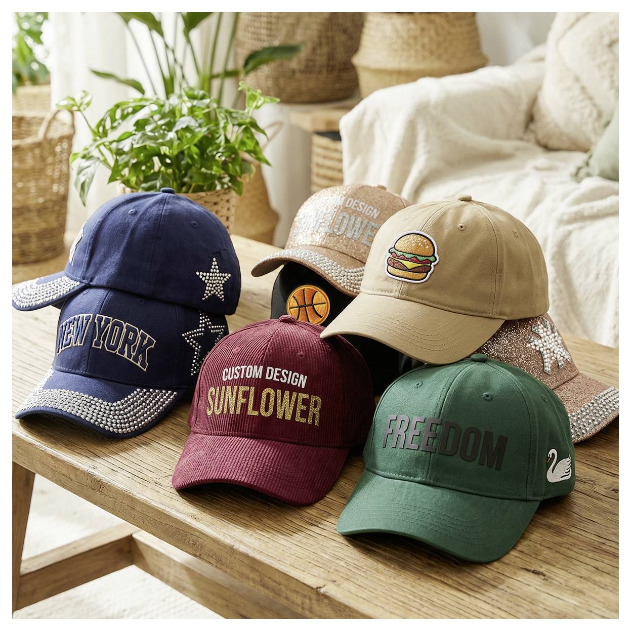 Assortiment van versierde honkbalpetten op een houten tafel, inclusief ontwerpen met 'NEW YORK', 'SUNFLOWER' en 'FREEDOM', met geborduurd patches en een hamburgerpictogram.