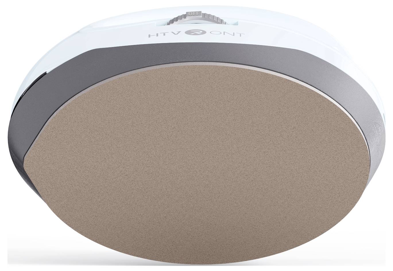 Onderaanzicht van een ronde plafondlamp met een beige diffuser en donkergrijze rand, weergegeven in een productfoto-stijl geïsoleerde weergave.