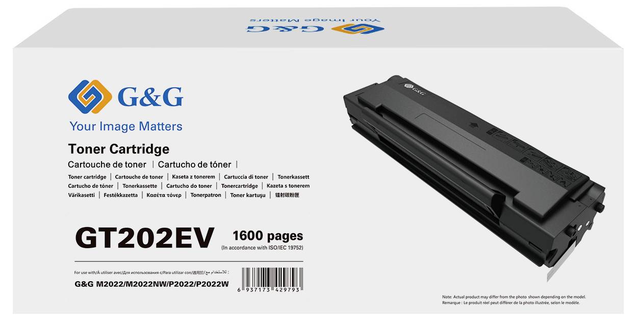 G&G GT202EV tonercartridgedoos, met een afbeelding van een zwarte cartridge en de tekst 'Toner Cartridge' met een capaciteit van 1600 pagina's.