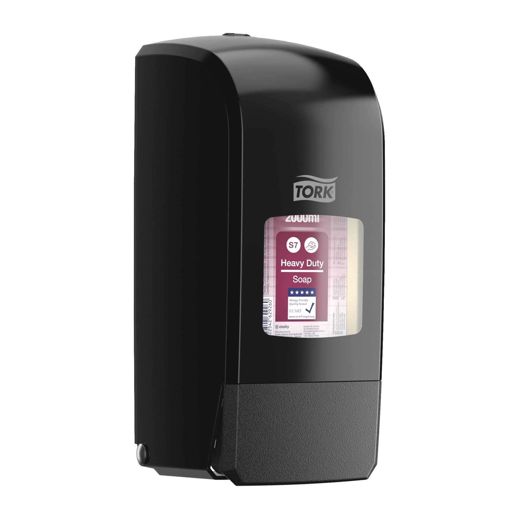 Wandgemonteerde zeepdispenser van Black Tork met een zichtbaar venster voor navulling met 'Heavy Duty Soap'