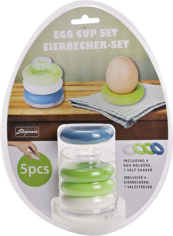 'Eierbekerset van kunststof met 4 eierdopjes in verschillende kleuren en 1 zoutstrooier. Afgebeeld: Ei op groene eierdop.'