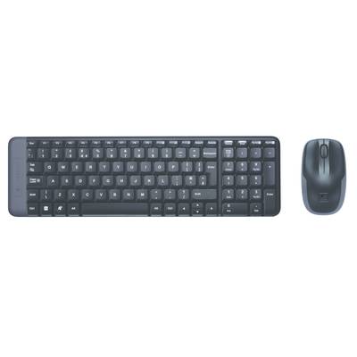 Zwarte toetsenbord met volledig toetsenbordindeling naast een draadloze muis op een witte achtergrond. Beide ergonomisch ontworpen.