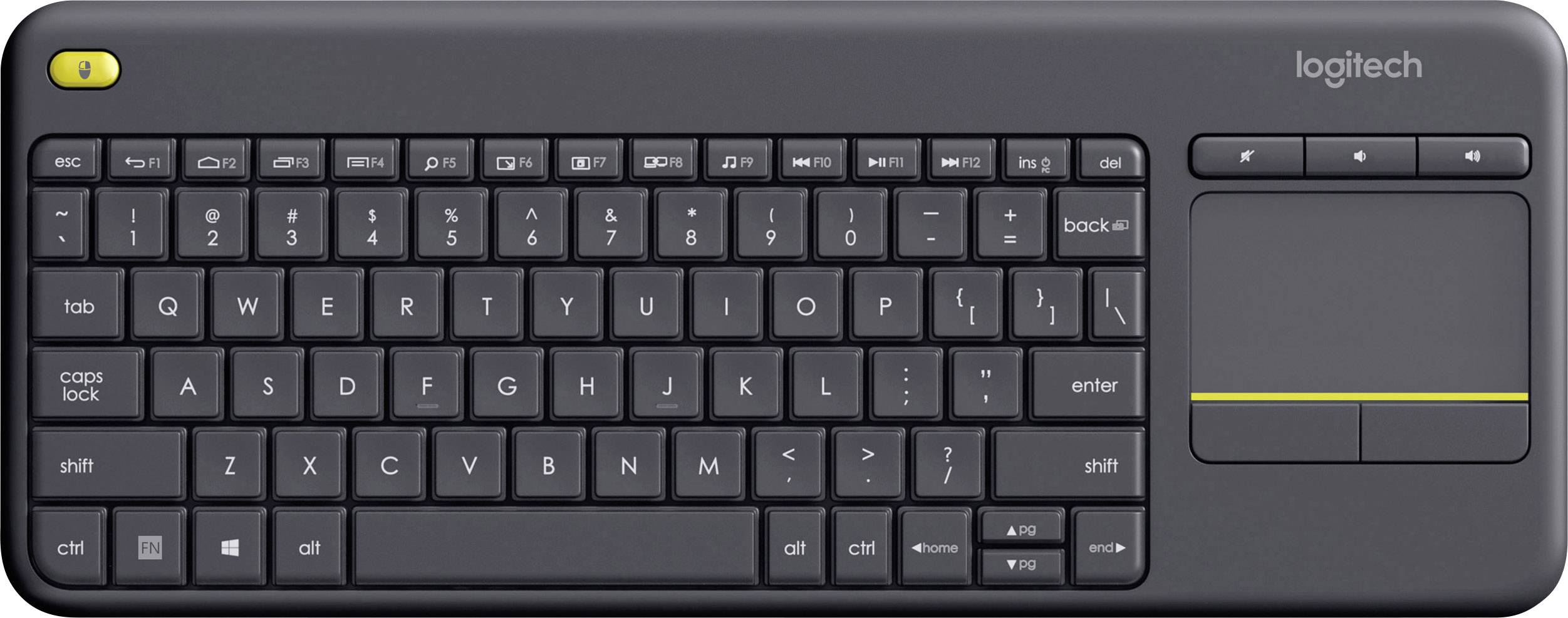 Een zwarte, draadloze toetsenbord met een geïntegreerd touchpad aan de rechterkant, geschikt voor multimediaapparatuur.