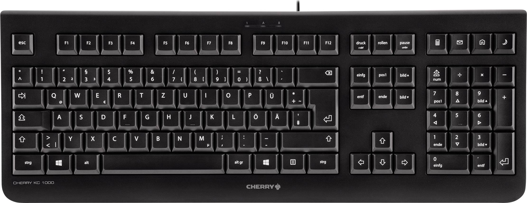 Zwarte computertoetsenbord met Duits QWERTZ-toetsenbordindeling, numeriek toetsenblok en functietoetsen in de bovenste rij.