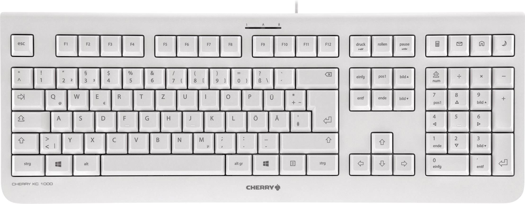 Witte computertoetsenbord met Duits QWERTZ-toetsenbordindeling, numeriek toetsenblok en functietoetsen. Model: Cherry KC 1000.