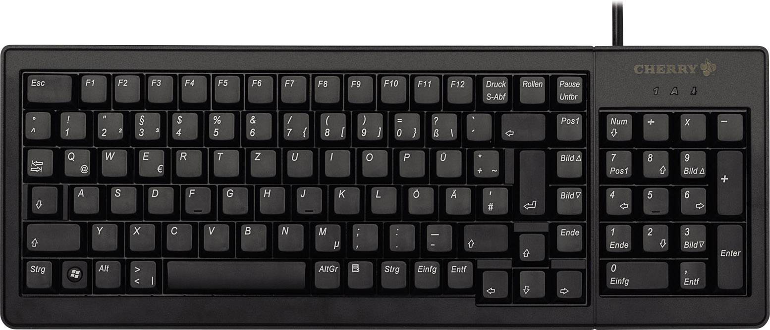 Zwarte computertoetsenbord met Duits QWERTZ-toetsenbordindeling, numeriek toetsenblok rechts, functietoetsen bovenaan en speciale pijltoetsen.