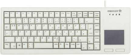 Witte computertoetsenbord met geïntegreerd touchpad aan de rechterkant en functietoetsenrij bovenaan.